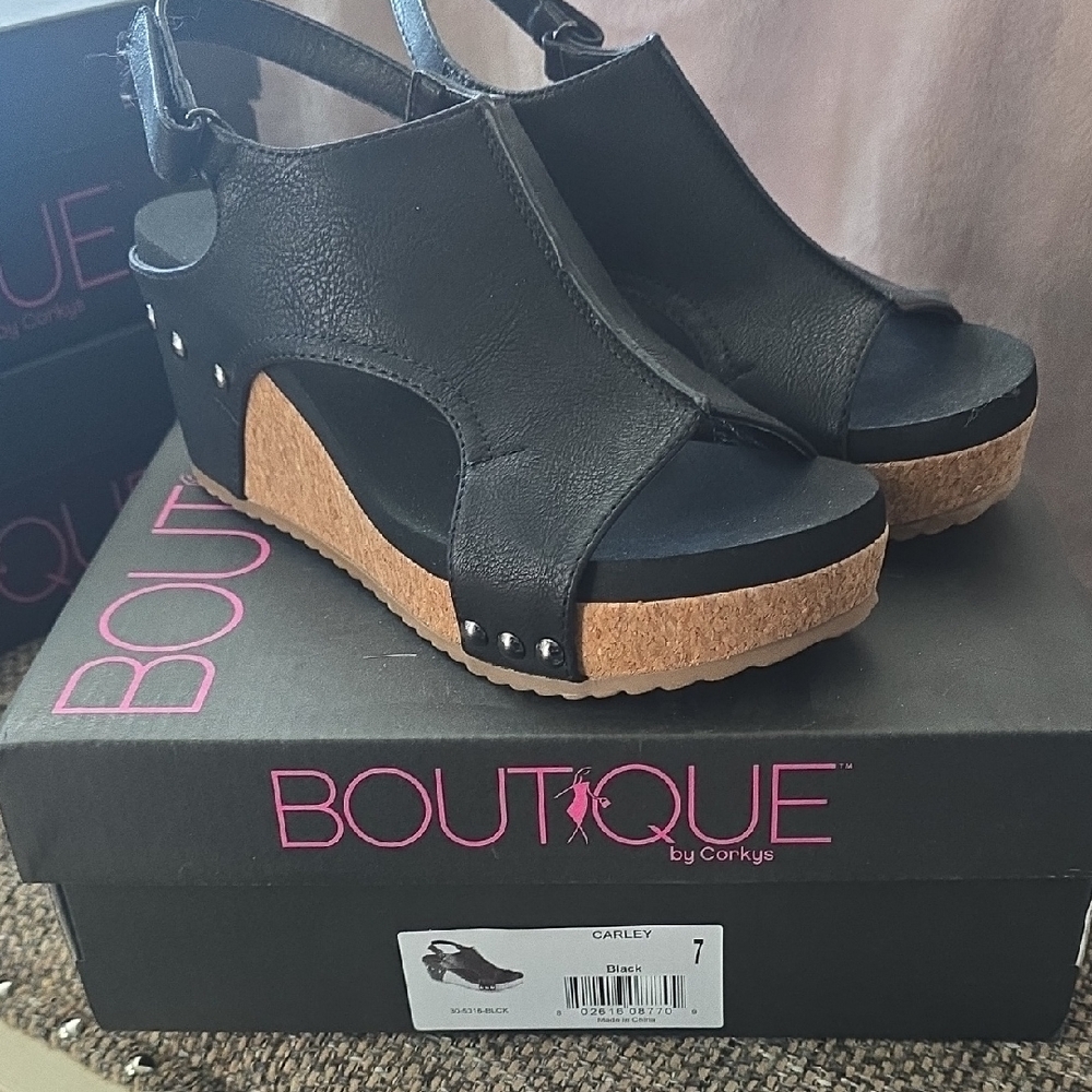 Corkys Black Wedge Sandals with Tan Sole